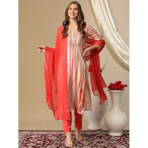 ANNI DESIGNER Women's Rayon Blend Straight Printed Kurta with Pant & Dupatta (Tiedye Red-NW_L_Red_Large)
