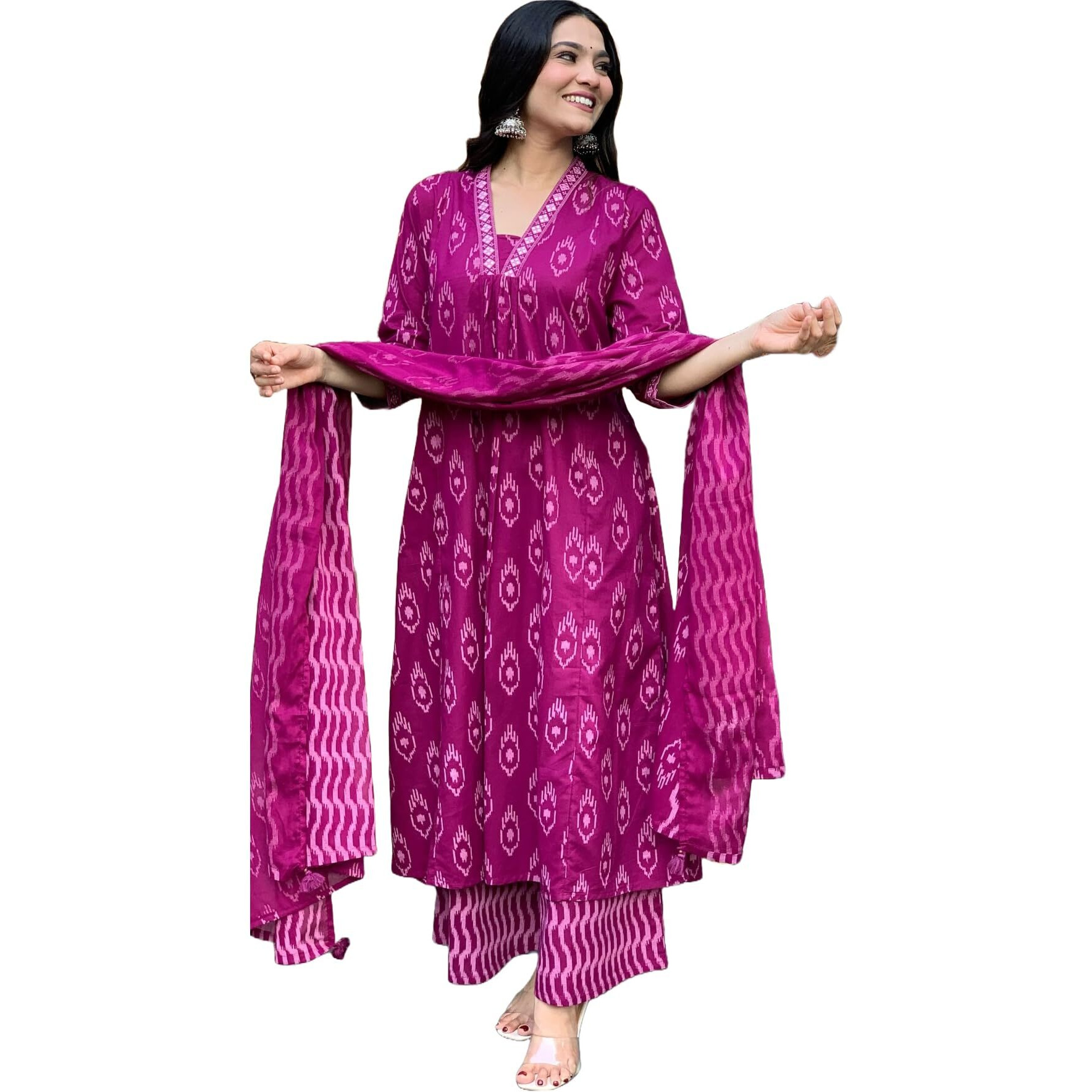 ANNI DESIGNER Women's Rayon Viscose Printed Anarkali Kurta with Palazzo & Dupatta (DIPA Rani_XL_Pink_X-Large)