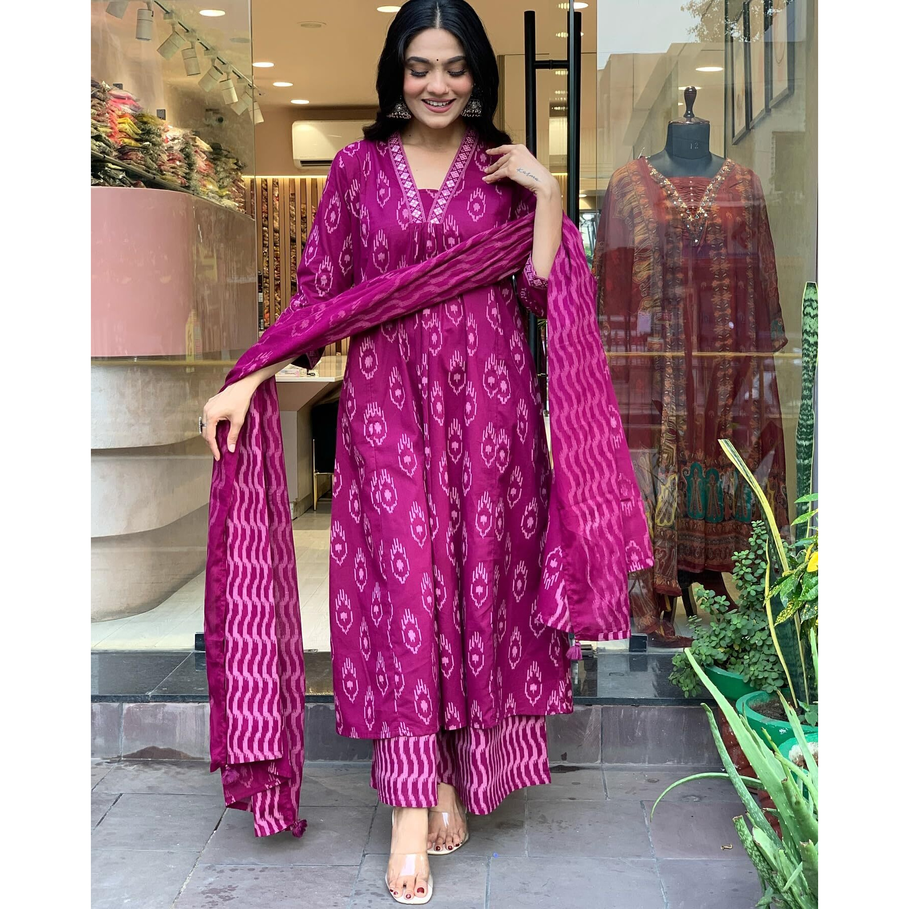 ANNI DESIGNER Women's Rayon Viscose Printed Anarkali Kurta with Palazzo & Dupatta (DIPA Rani_XL_Pink_X-Large)