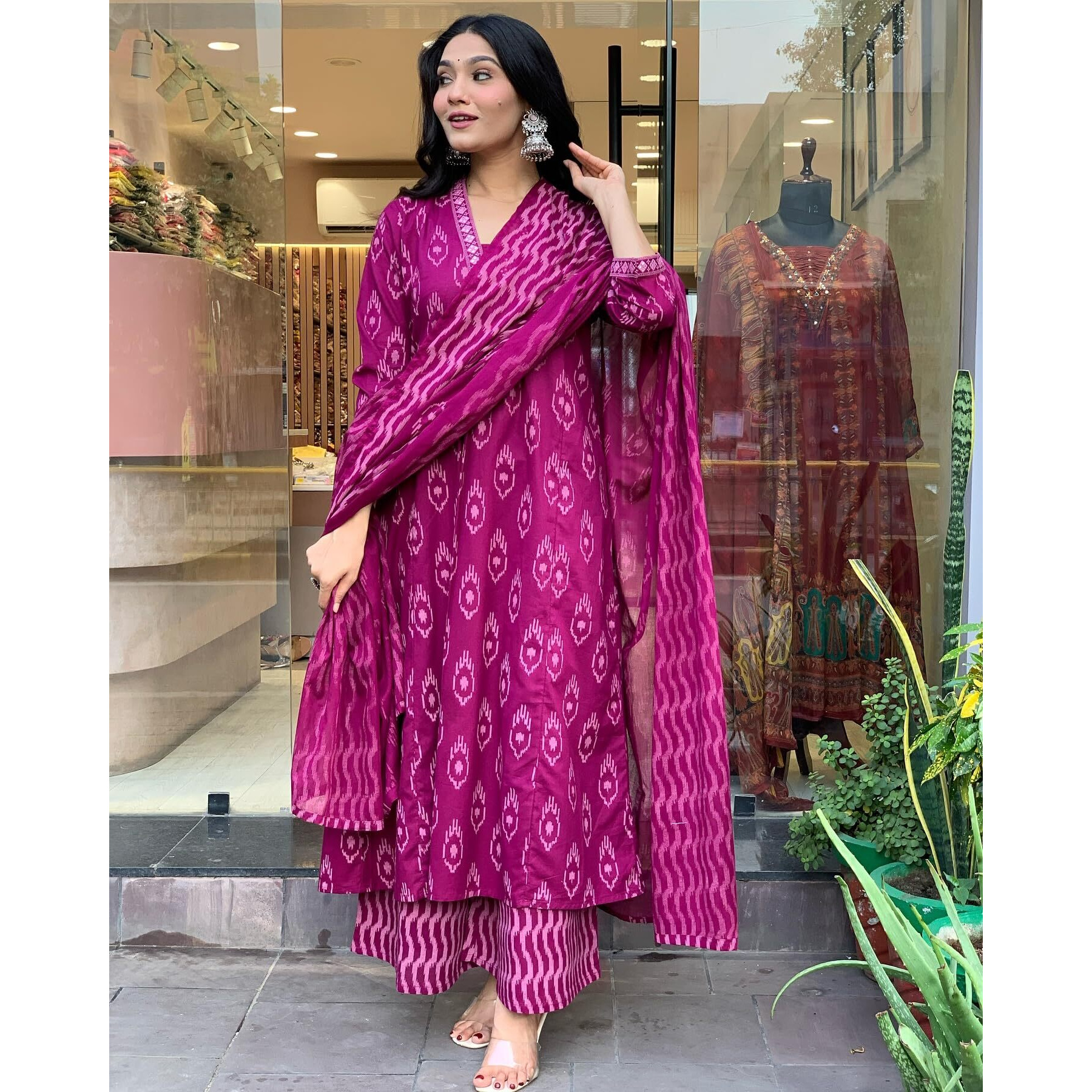 ANNI DESIGNER Women's Rayon Viscose Printed Anarkali Kurta with Palazzo & Dupatta (DIPA Rani_XL_Pink_X-Large)
