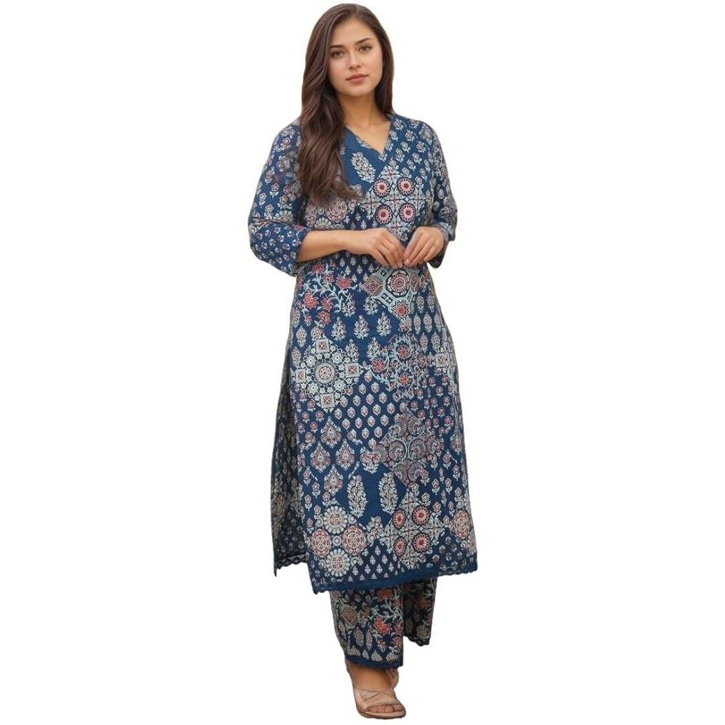 ANNI DESIGNER Women's Rayon Viscose Straight Printed Kurta with Pant (KADAI BLUE-VKS02_L_Blue_Large)