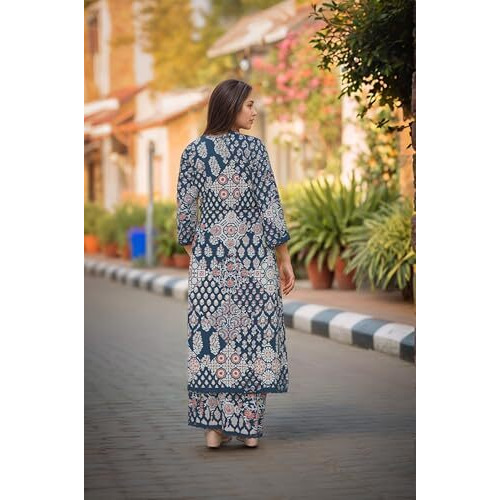 ANNI DESIGNER Women's Rayon Viscose Straight Printed Kurta with Pant (KADAI BLUE-VKS02_L_Blue_Large)