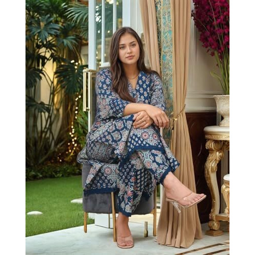 ANNI DESIGNER Women's Rayon Viscose Straight Printed Kurta with Pant (KADAI BLUE-VKS02_L_Blue_Large)