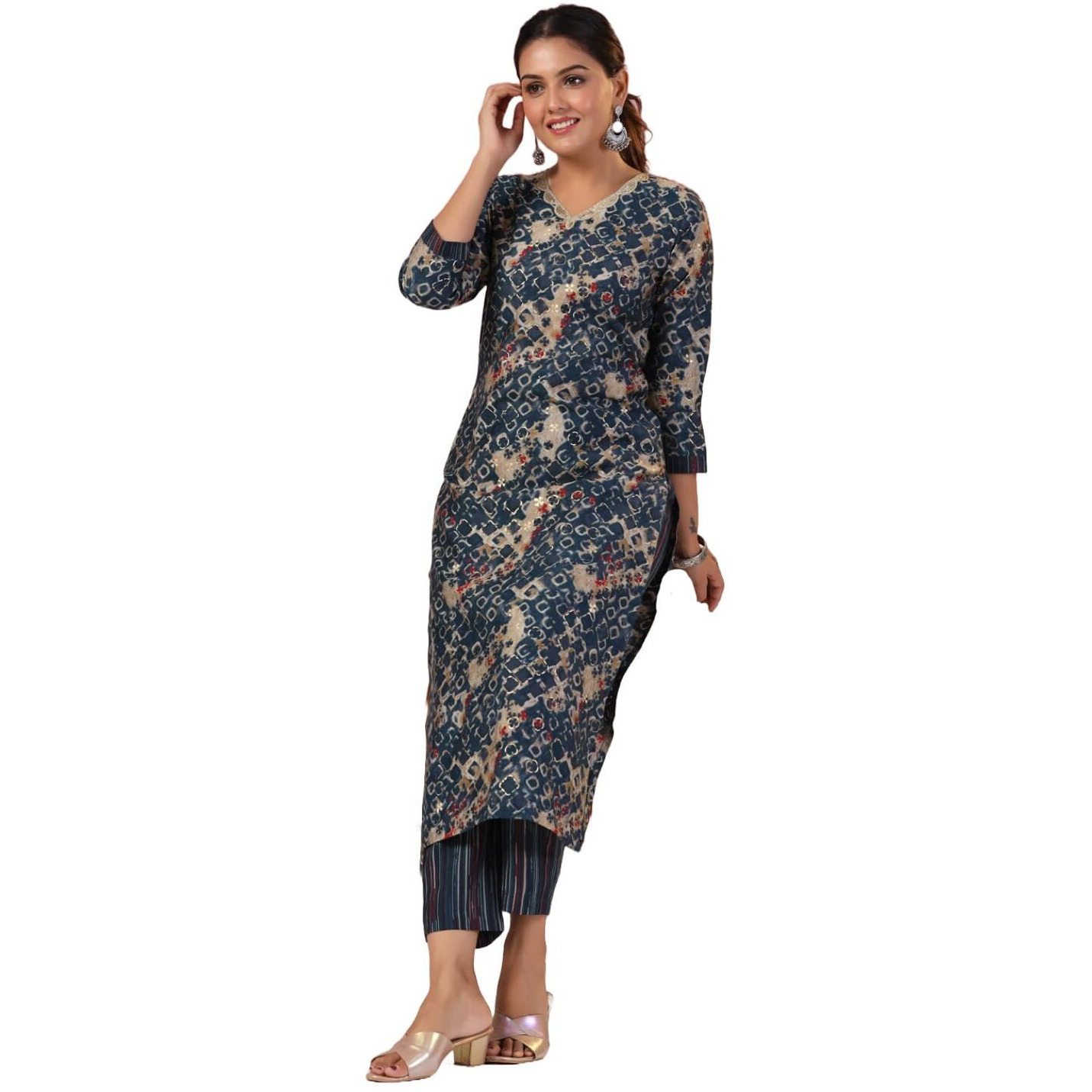 ANNI DESIGNER Women's Rayon Blend Straight Printed Kurta with Pant (Kivala Blue_L_Blue_Large)