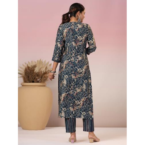 ANNI DESIGNER Women's Rayon Blend Straight Printed Kurta with Pant (Kivala Blue_L_Blue_Large)