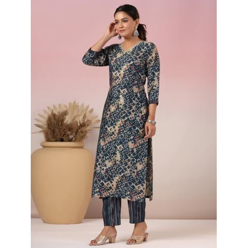 ANNI DESIGNER Women's Rayon Blend Straight Printed Kurta with Pant (Kivala Blue_L_Blue_Large)