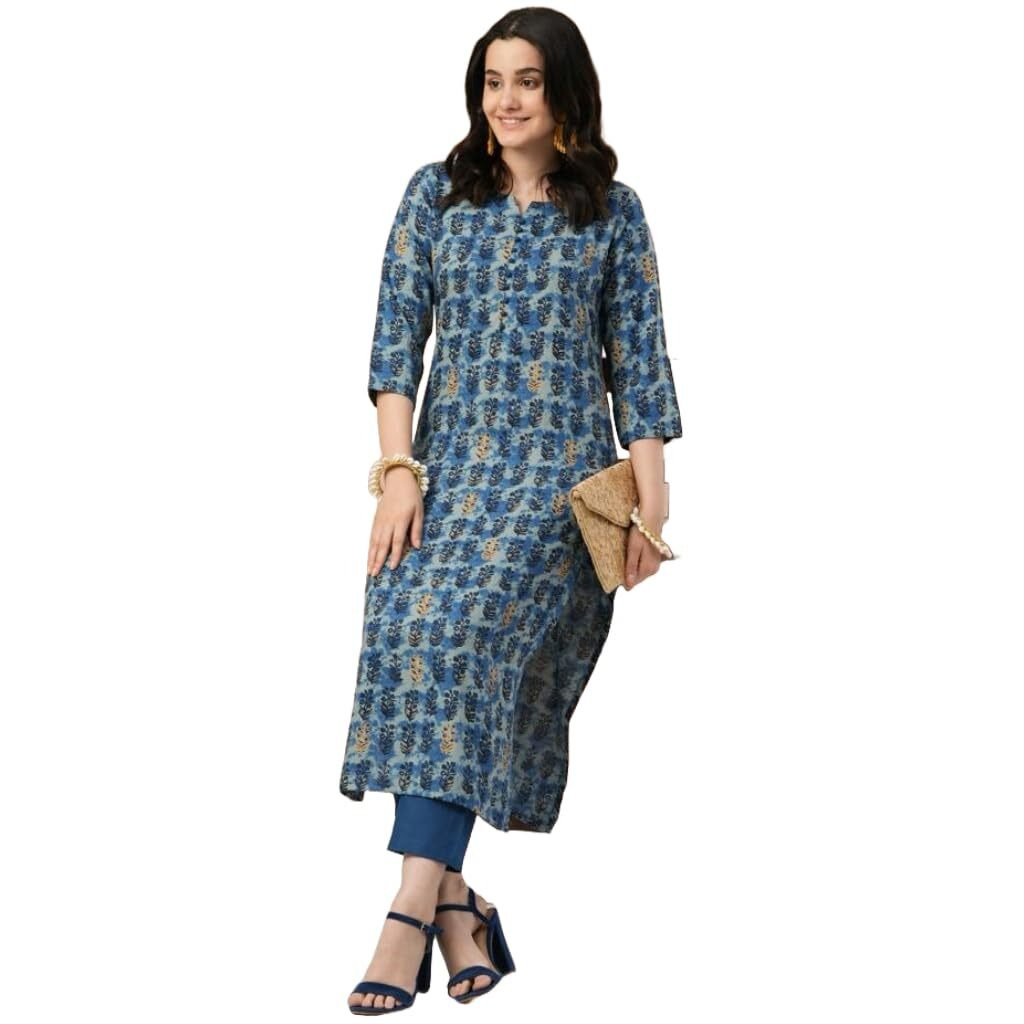 ANNI DESIGNER Women's Cotton Blend Straight Printed Kurta with Pant (Mamaji Blue-FKA_S_Blue_Small)