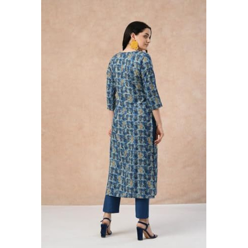 ANNI DESIGNER Women's Cotton Blend Straight Printed Kurta with Pant (Mamaji Blue-FKA_S_Blue_Small)