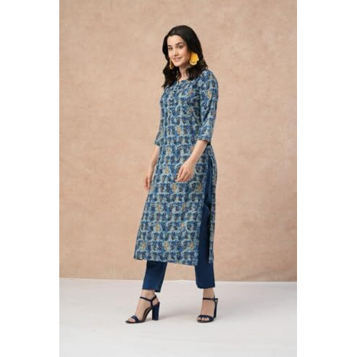 ANNI DESIGNER Women's Cotton Blend Straight Printed Kurta with Pant (Mamaji Blue-FKA_S_Blue_Small)