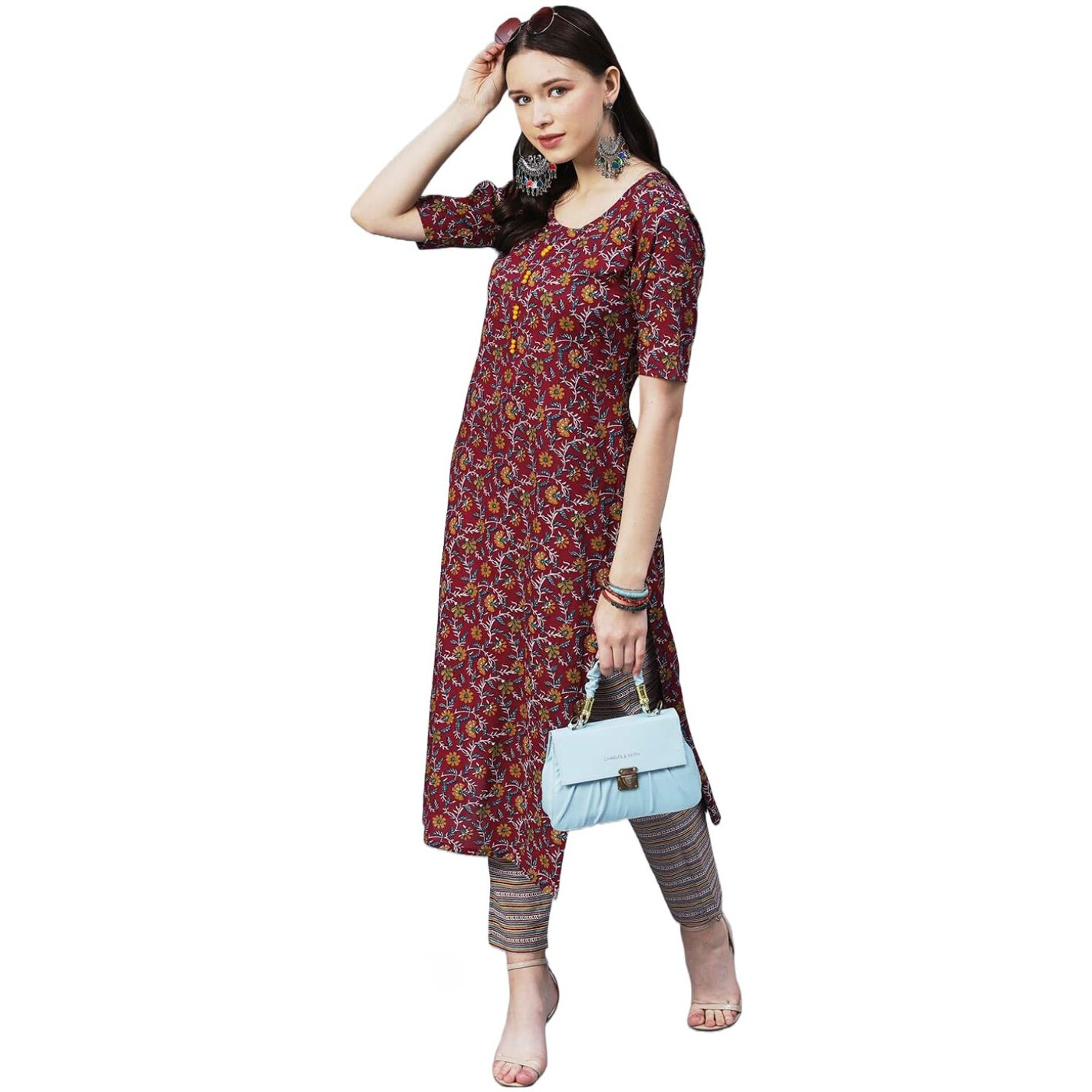 ANNI DESIGNER Women's Cotton Blend Printed Straight Kurta with Pant (SLKSW-Multi_XL_Multi_X-Large) Multicolour