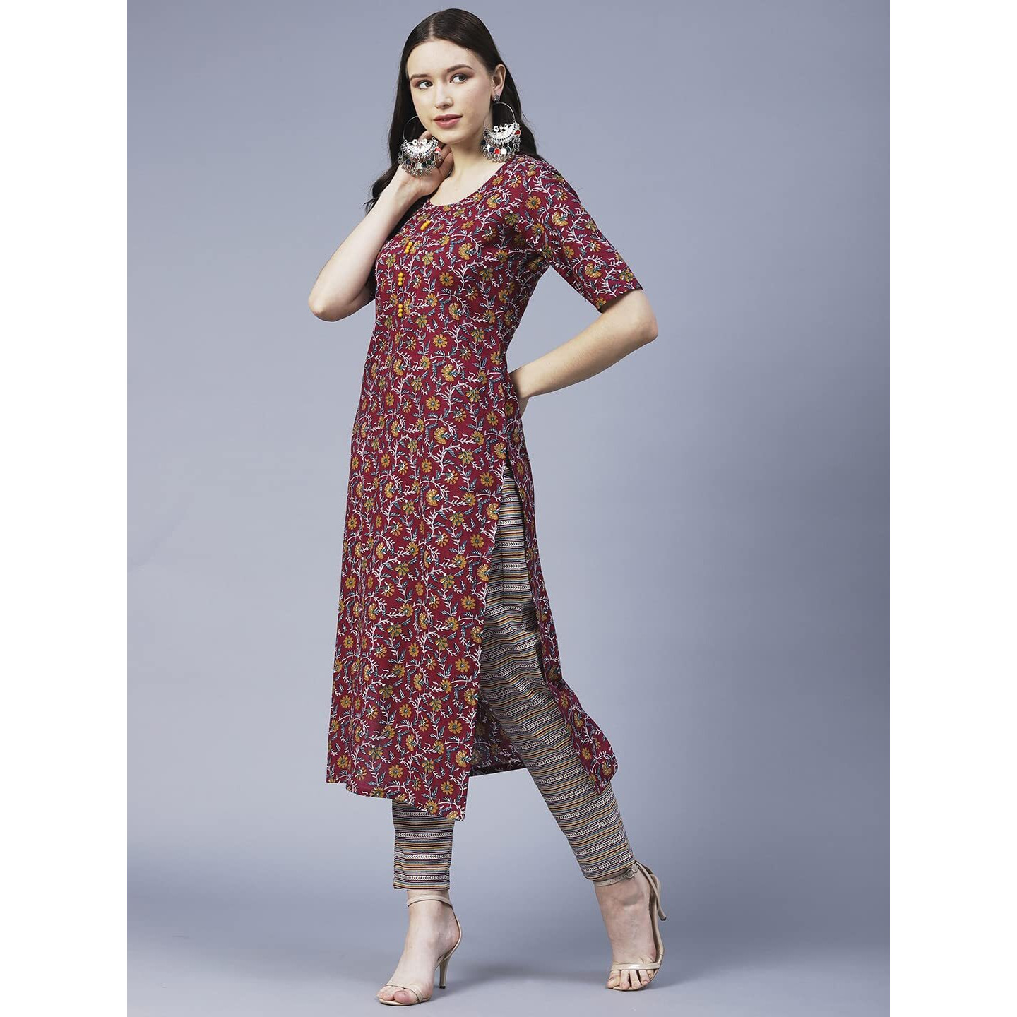 ANNI DESIGNER Women's Cotton Blend Printed Straight Kurta with Pant (SLKSW-Multi_XL_Multi_X-Large) Multicolour