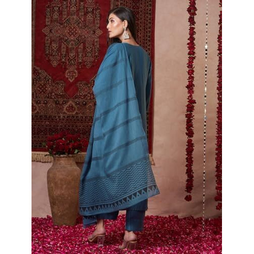 ANNI DESIGNER Women's Rayon Viscose Solid Straight Kurta with Pant & Dupatta (Raja Saab Light Blue-VKS14_4XL_Light Blue_XXXX-Large)