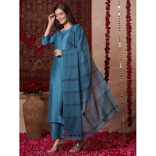 ANNI DESIGNER Women's Rayon Viscose Solid Straight Kurta with Pant & Dupatta (Raja Saab Light Blue-VKS14_4XL_Light Blue_XXXX-Large)