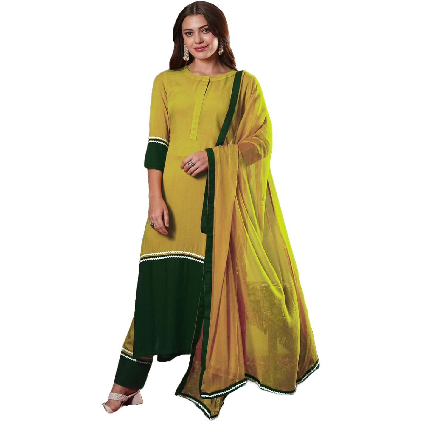 ANNI DESIGNER Women's Rayon Viscose Straight Solid Kurta with Pant & Dupatta (PANAI Mehandi_XL_Mehandi_X-Large)