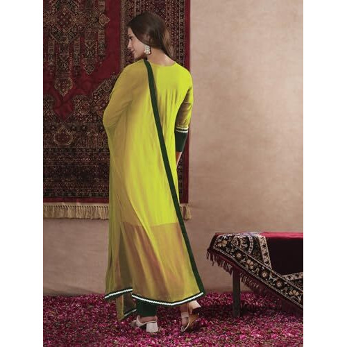 ANNI DESIGNER Women's Rayon Viscose Straight Solid Kurta with Pant & Dupatta (PANAI Mehandi_XL_Mehandi_X-Large)