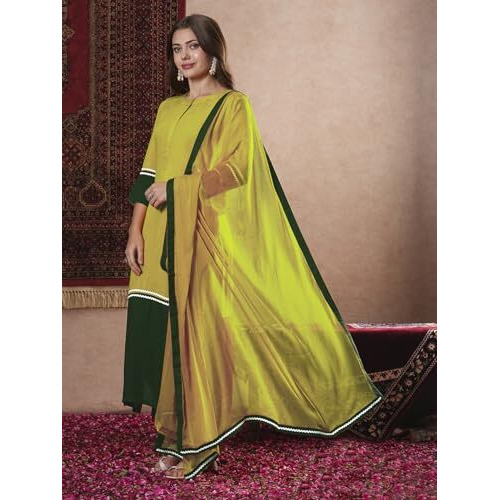 ANNI DESIGNER Women's Rayon Viscose Straight Solid Kurta with Pant & Dupatta (PANAI Mehandi_XL_Mehandi_X-Large)