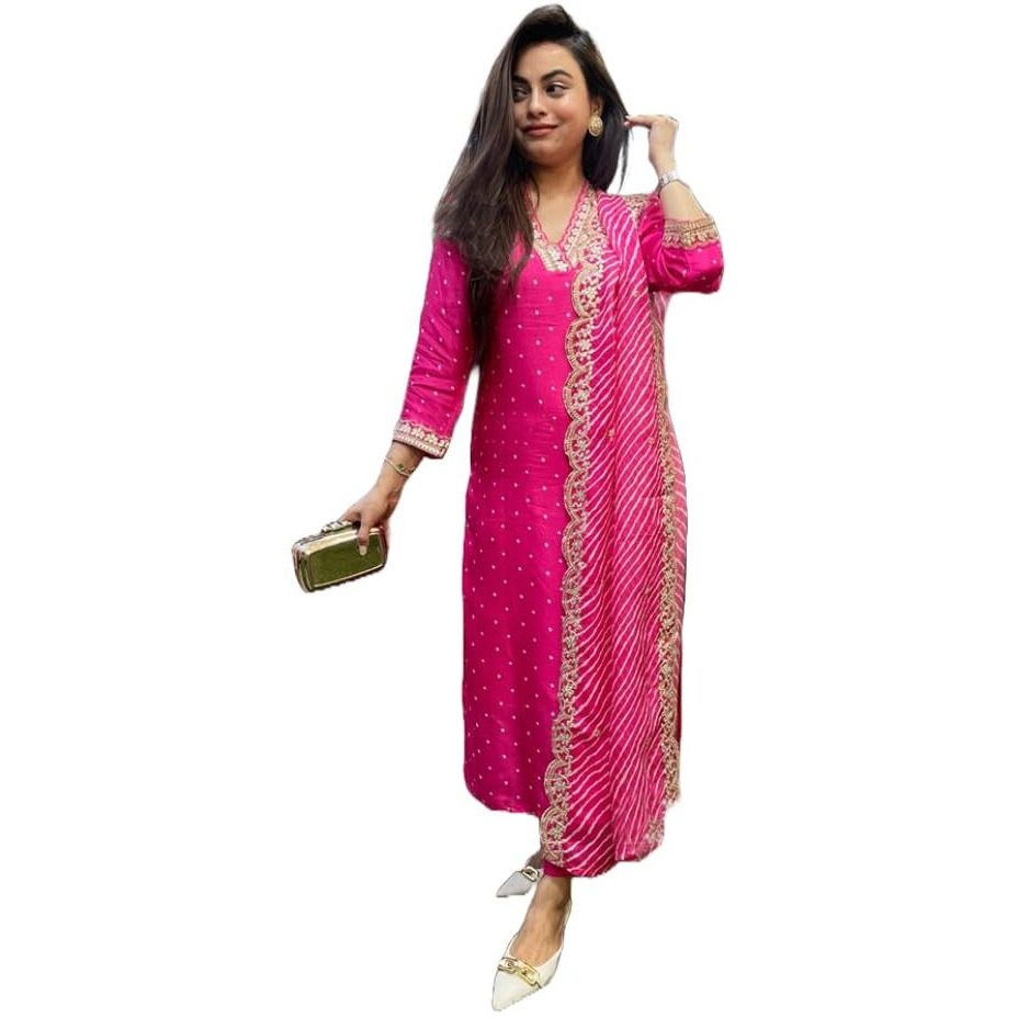 ANNI DESIGNER Women's Rayon Viscose Straight Printed Kurta with Pant & Dupatta (June Pink_XXL_Pink_XX-Large)