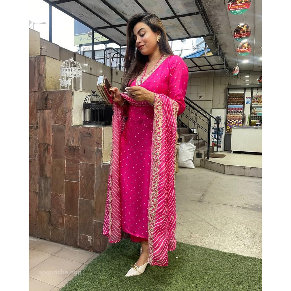 ANNI DESIGNER Women's Rayon Viscose Straight Printed Kurta with Pant & Dupatta (June Pink_XXL_Pink_XX-Large)