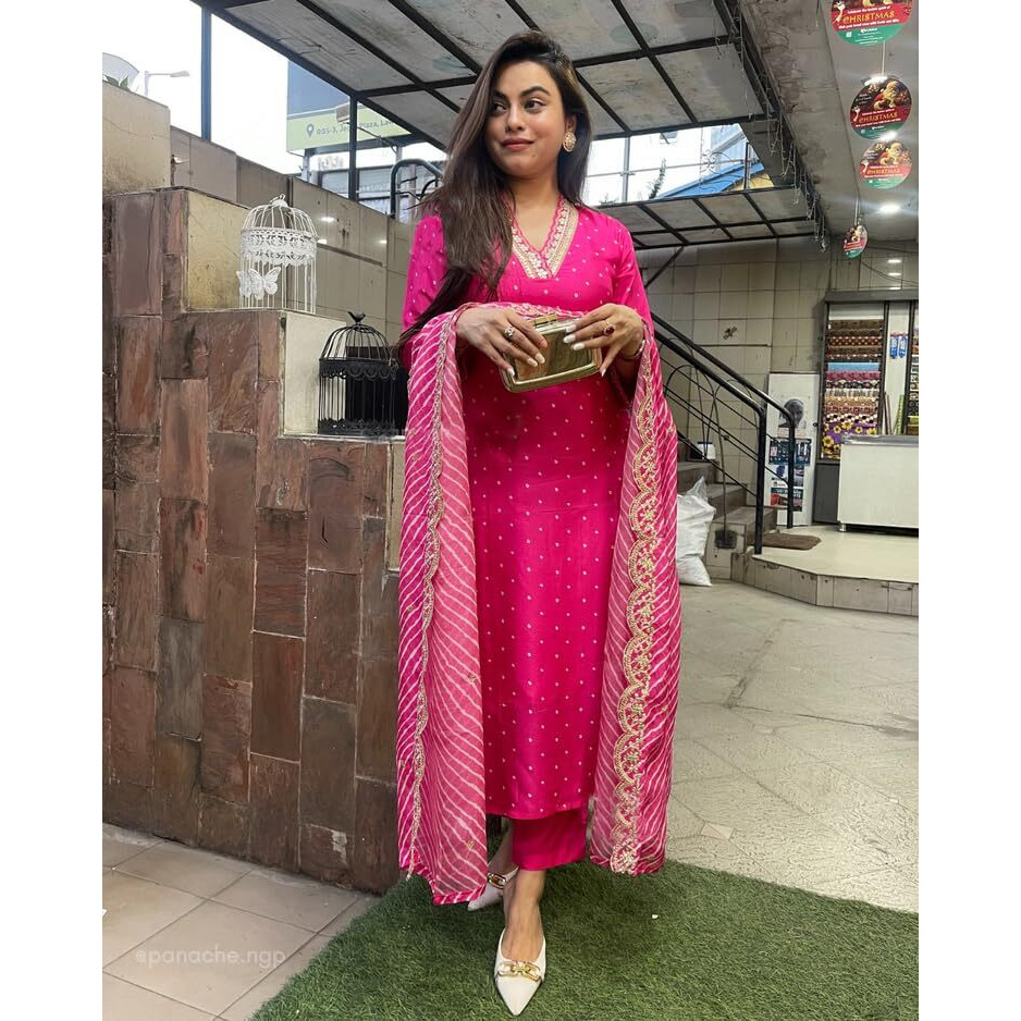 ANNI DESIGNER Women's Rayon Viscose Straight Printed Kurta with Pant & Dupatta (June Pink_XXL_Pink_XX-Large)
