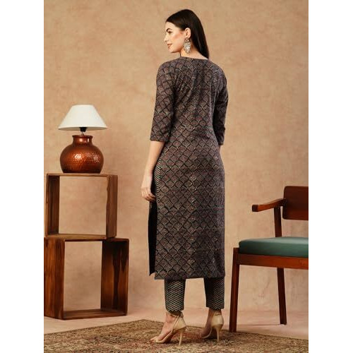 ANNI DESIGNER Women's Cotton Blend Straight Printed Kurta with Pant (Lupar Blue_S_Blue_Small)