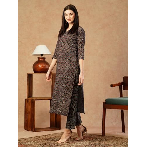 ANNI DESIGNER Women's Cotton Blend Straight Printed Kurta with Pant (Lupar Blue_S_Blue_Small)