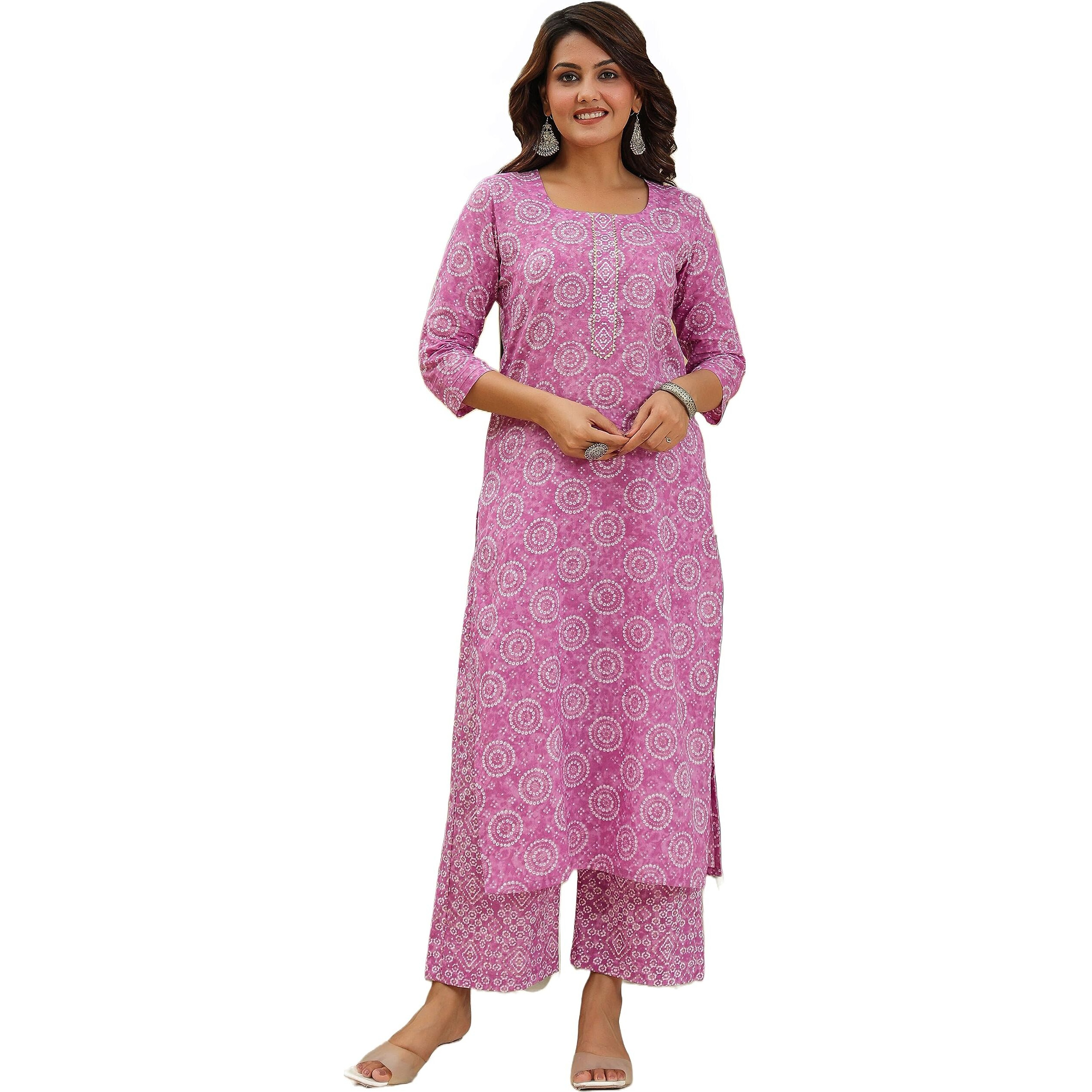 ANNI DESIGNER Women's Cotton Blend Printed Straight Kurta with Pant (2K-Pink_S_Pink_Small)