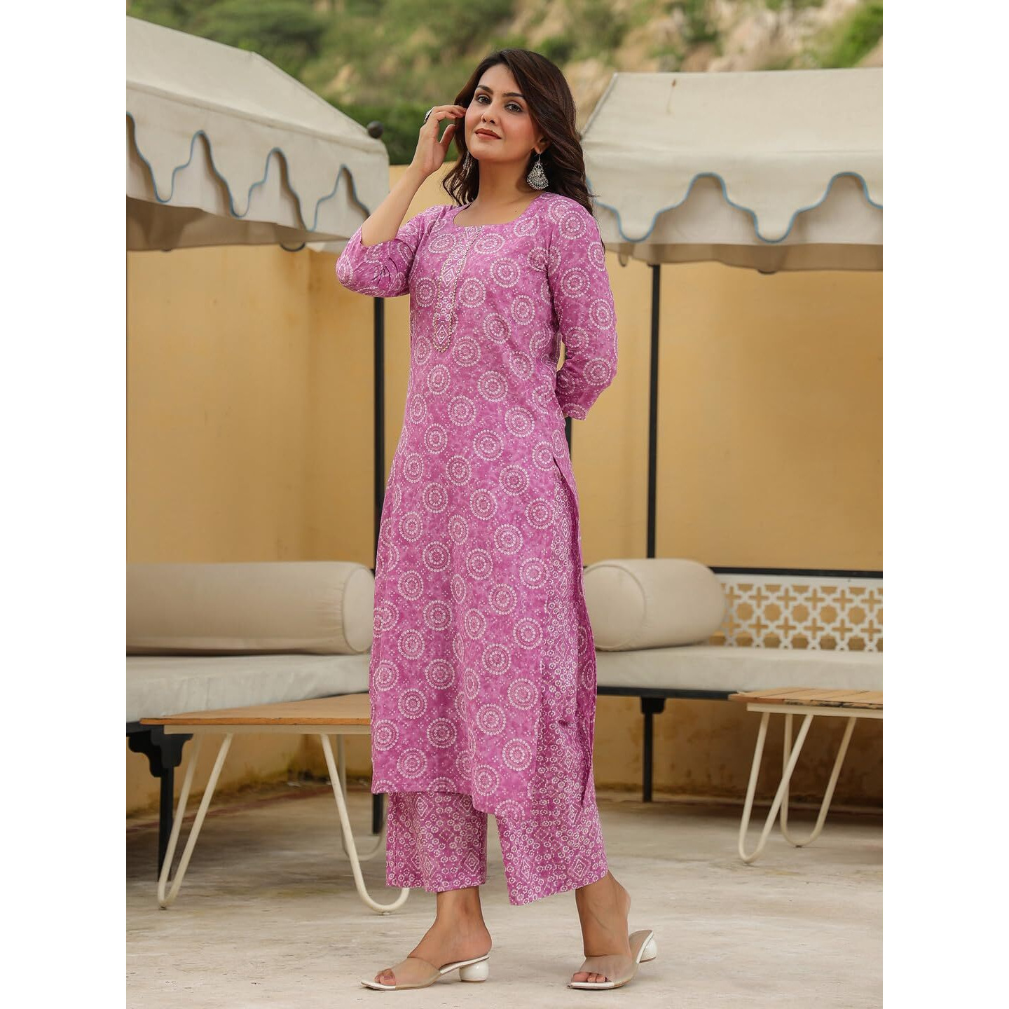 ANNI DESIGNER Women's Cotton Blend Printed Straight Kurta with Pant (2K-Pink_S_Pink_Small)