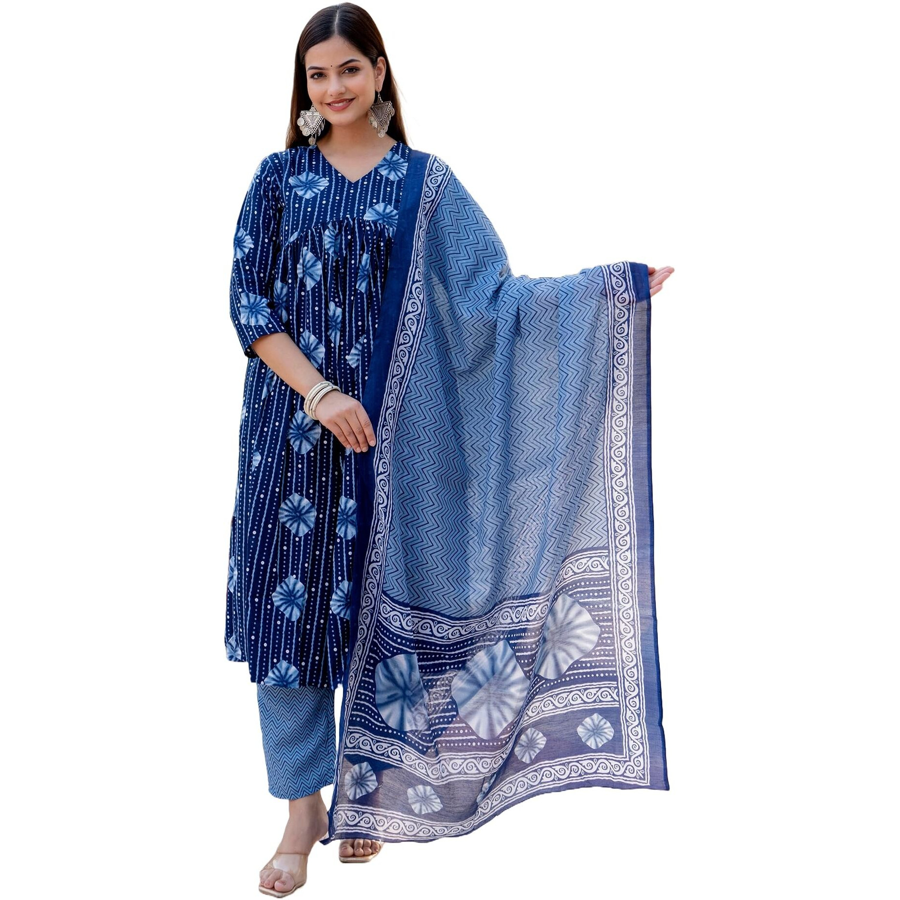 KLOSIA Women Indigo Blue Kurta and Pant Set with Dupatta (Medium)