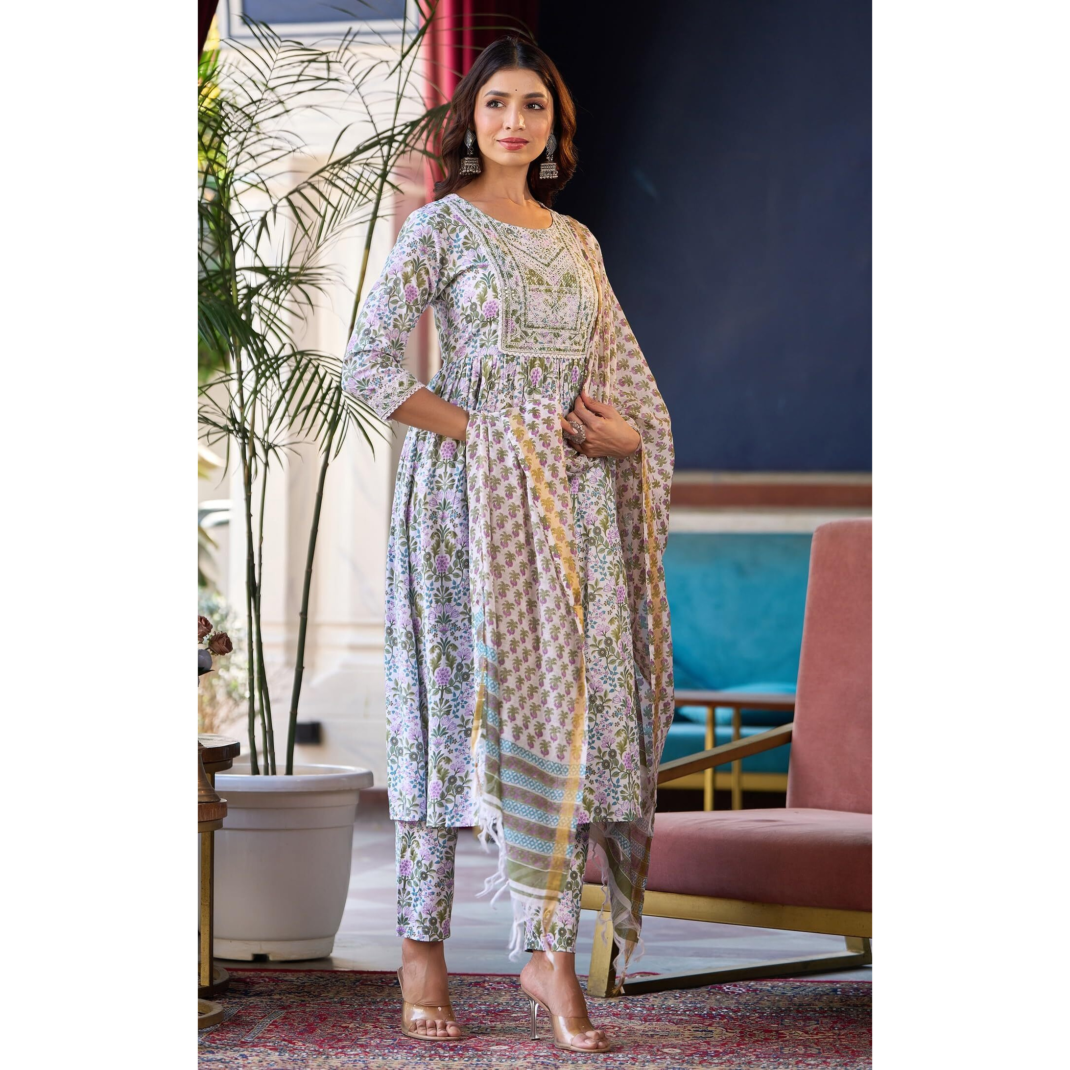 KLOSIA Women A-Line Printed Kurta and Pant Set with Dupatta | Ethnic Set | Dupatta Set | Suit Set | Kurta Set | (X-Large) White