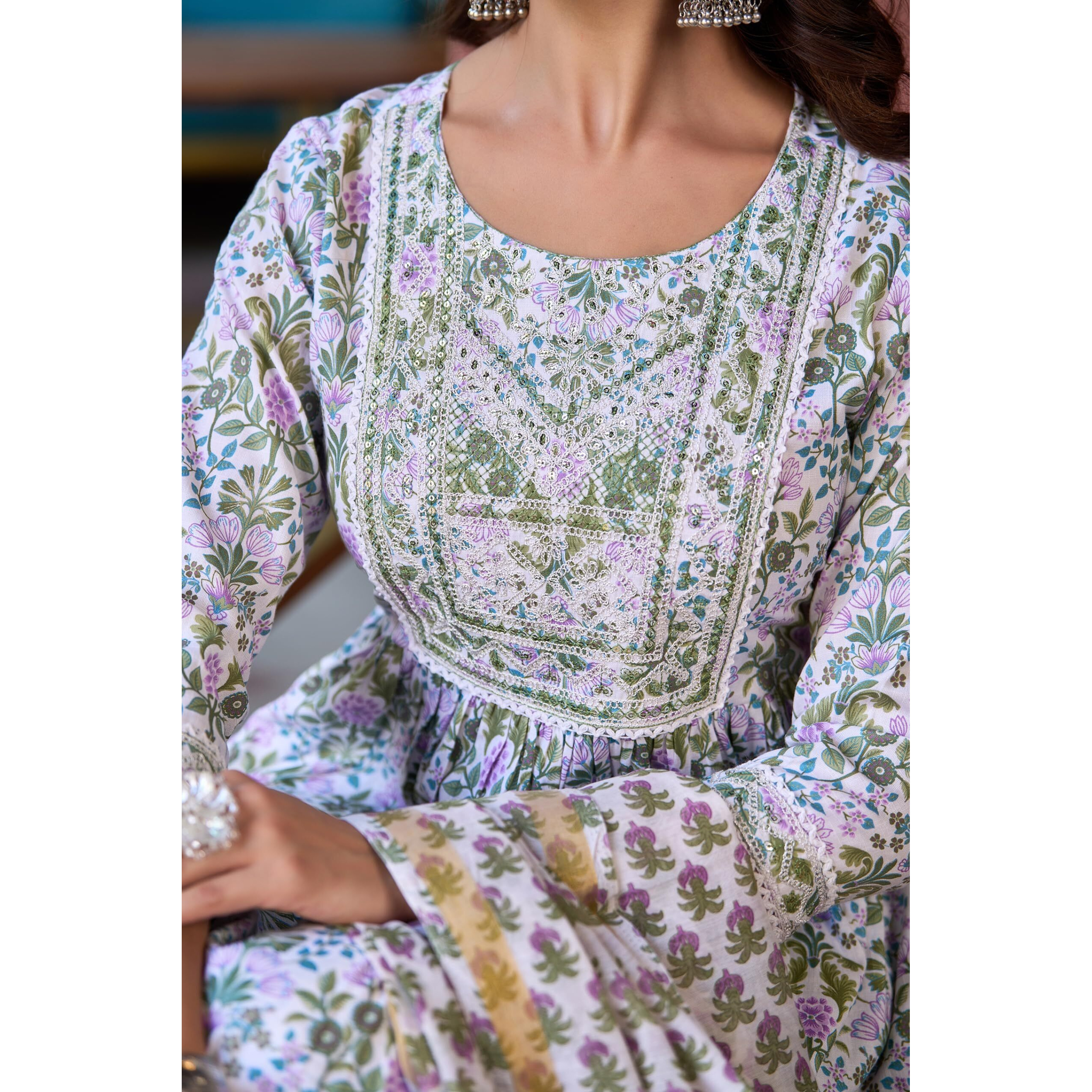 KLOSIA Women A-Line Printed Kurta and Pant Set with Dupatta | Ethnic Set | Dupatta Set | Suit Set | Kurta Set | (X-Large) White