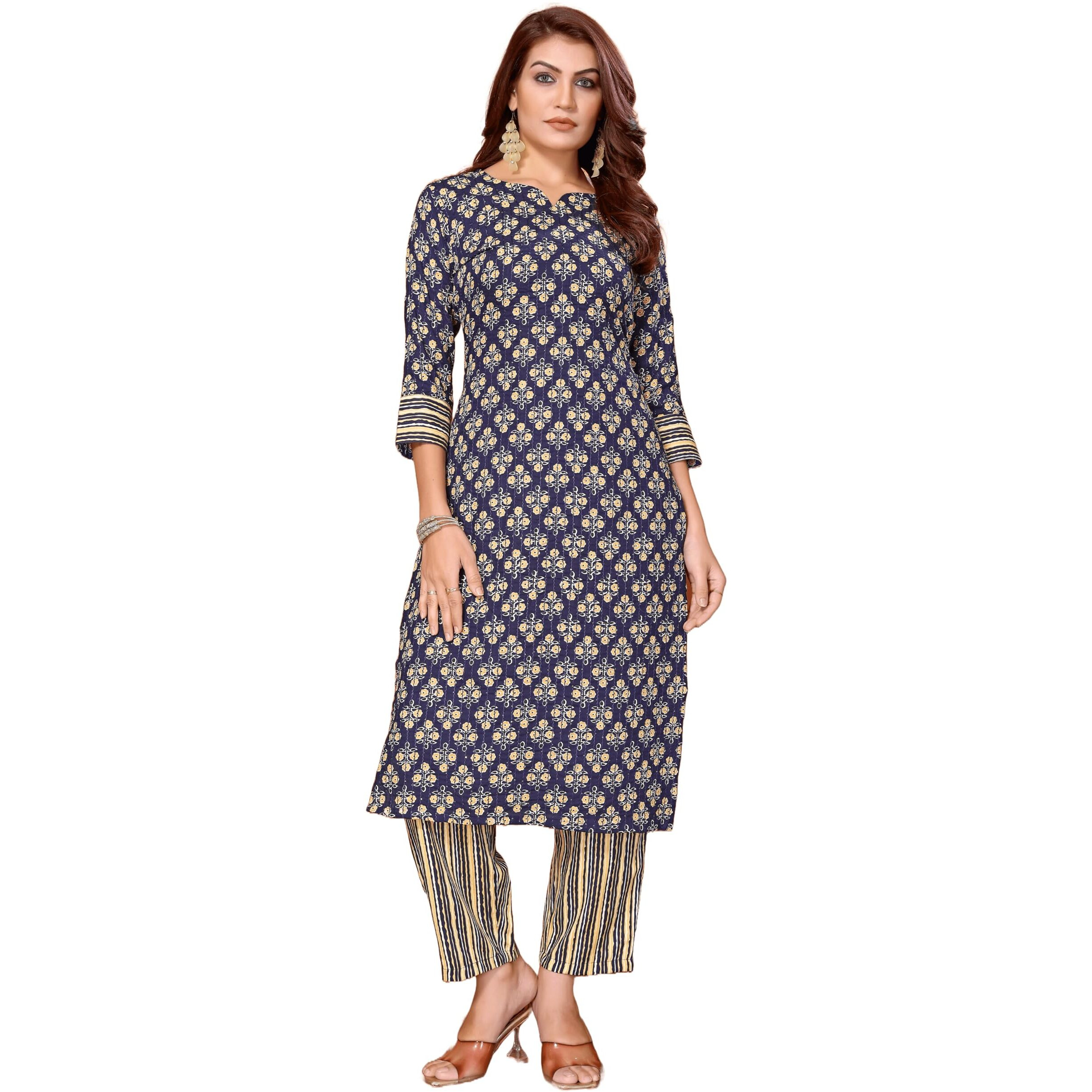KLOSIA Women Printed Embroidered Work Kurta and Pant Set (X-Large) Yellow