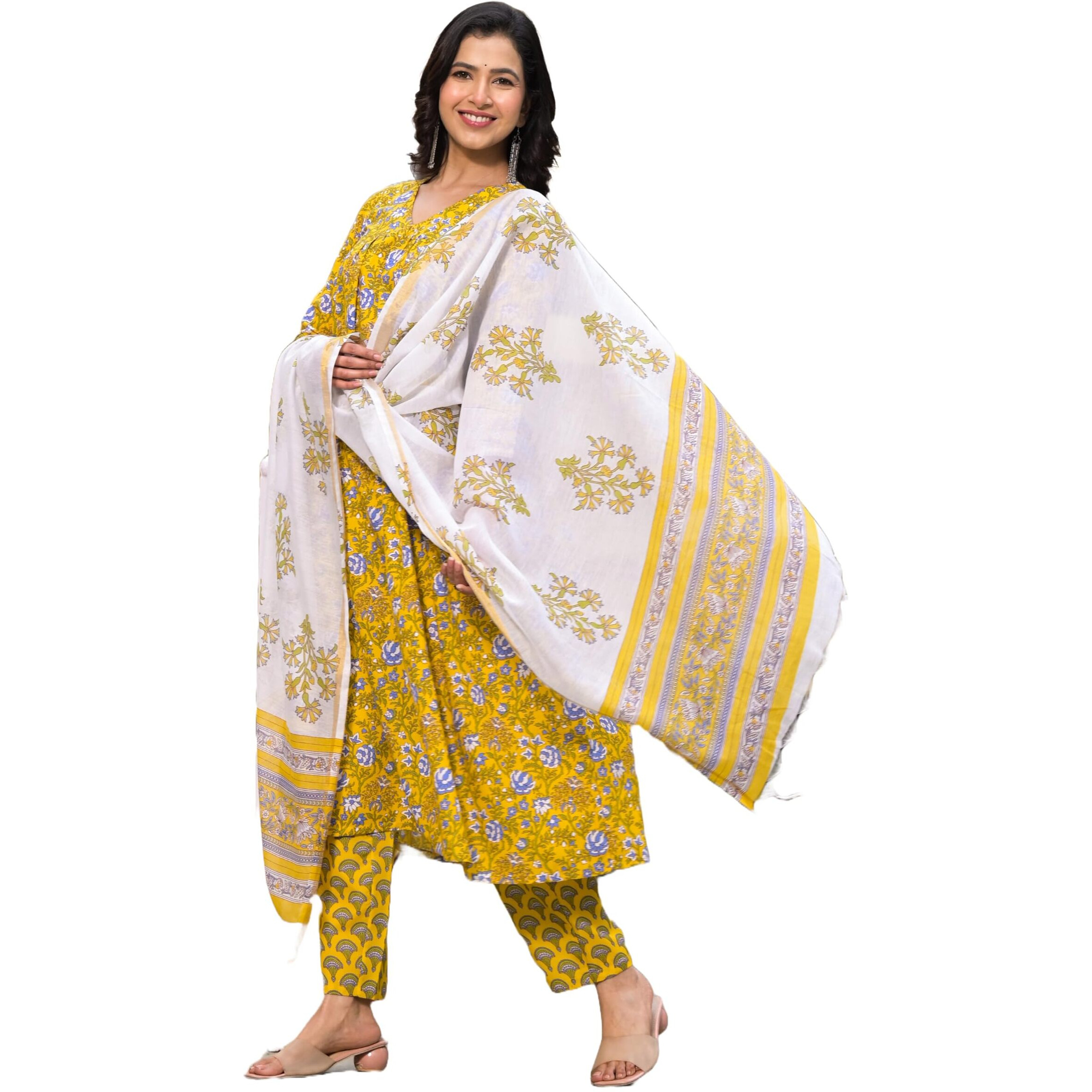 KLOSIA Women Straight Block Printed Kurta and Pant Set with Dupatta | Ethnic Set | Dupatta Set | Suit Set | Kurta Set | Wedding Suit | (Large) Yellow