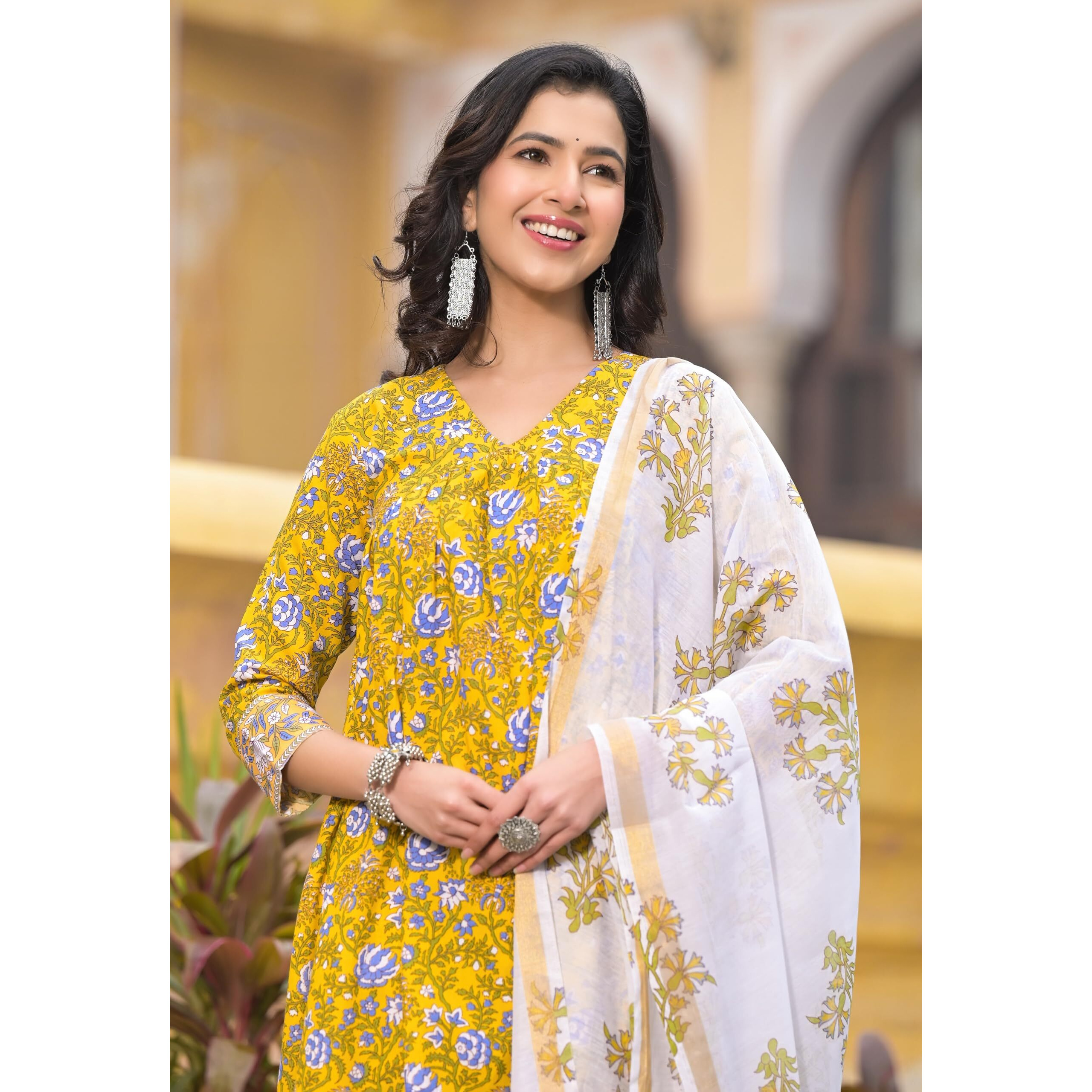 KLOSIA Women Straight Block Printed Kurta and Pant Set with Dupatta | Ethnic Set | Dupatta Set | Suit Set | Kurta Set | Wedding Suit | (Large) Yellow