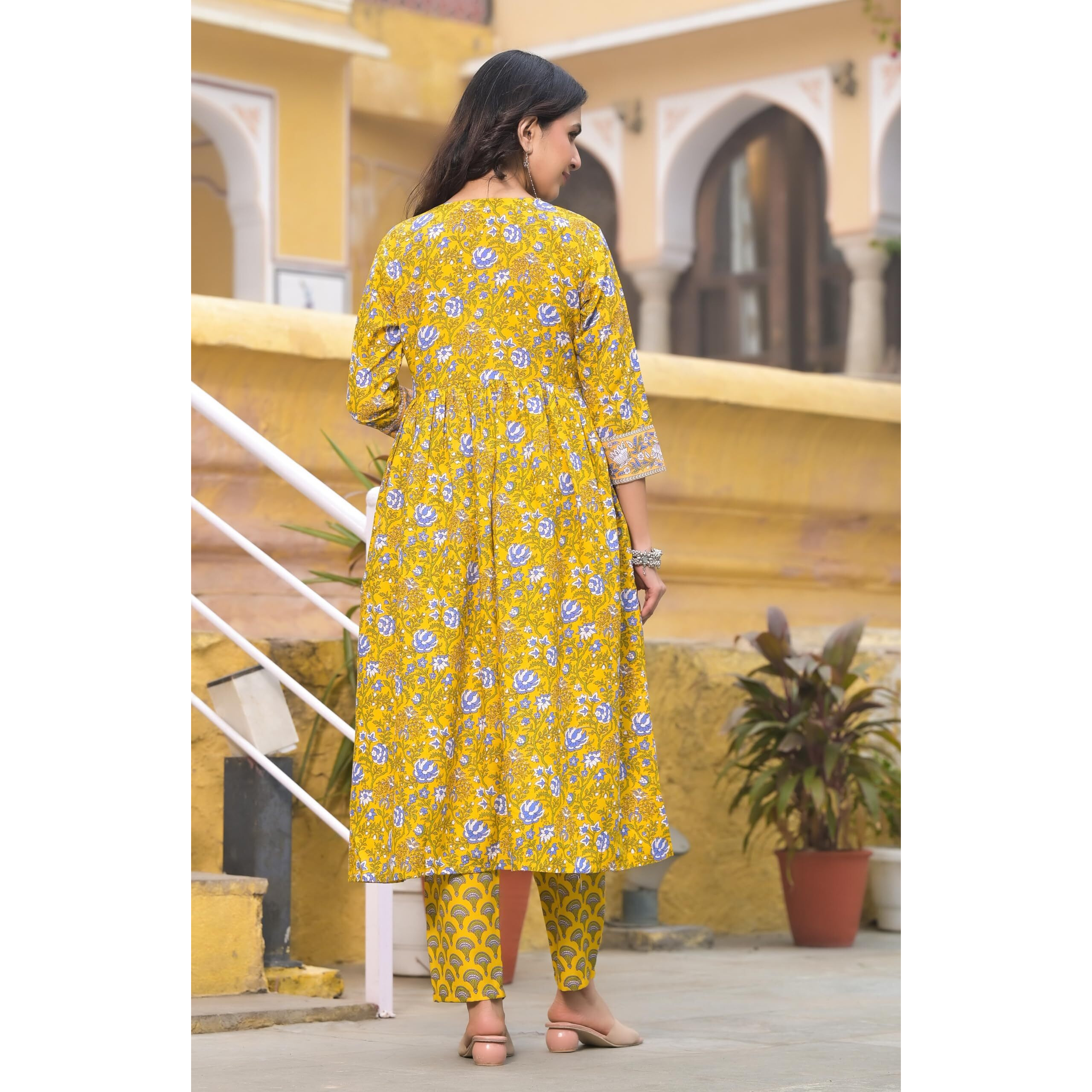 KLOSIA Women Straight Block Printed Kurta and Pant Set with Dupatta | Ethnic Set | Dupatta Set | Suit Set | Kurta Set | Wedding Suit | (Large) Yellow