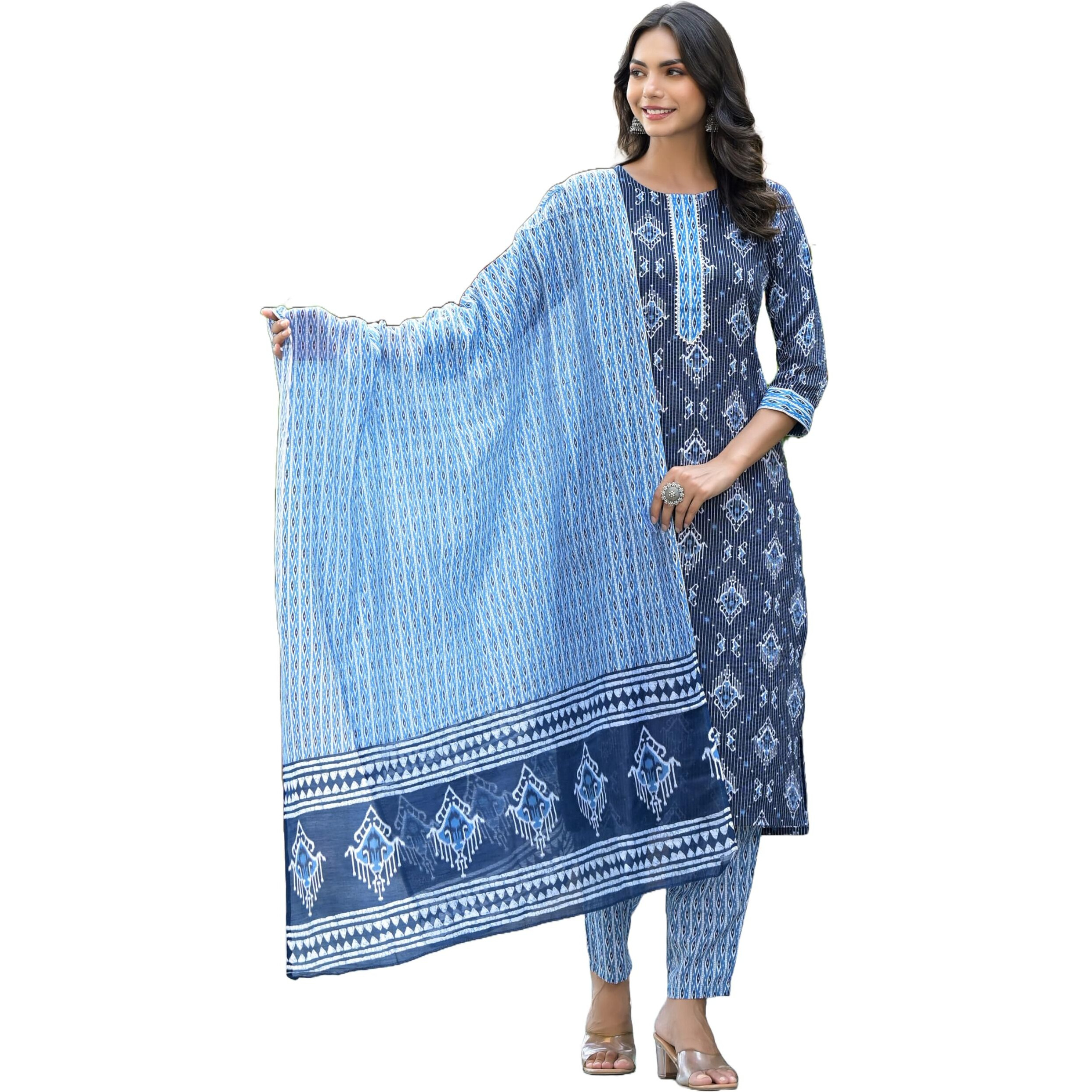 KLOSIA Women Printed Kurta Pant Set with Duppatas (Medium) Blue