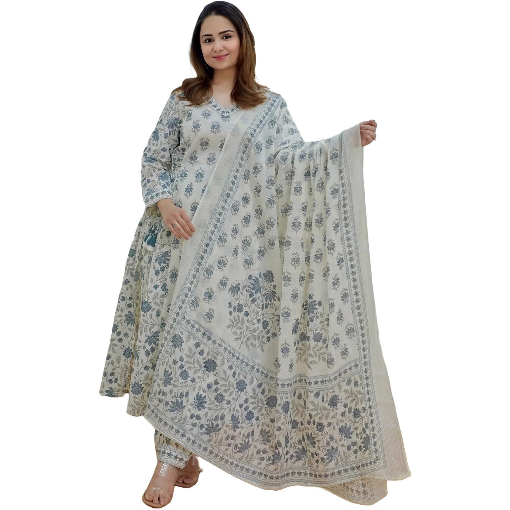 KLOSIA Women Viscose Block Printed Regular Kurta and Pant Set with Dupatta (in, Alpha, 2XL, Off-White)