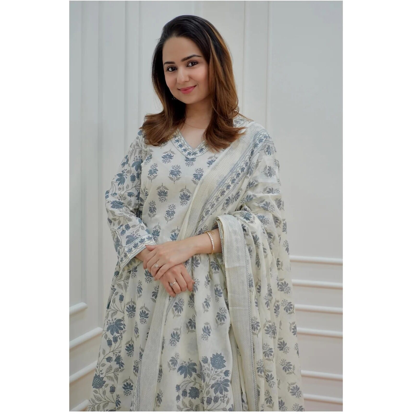 KLOSIA Women Viscose Block Printed Regular Kurta and Pant Set with Dupatta (in, Alpha, 2XL, Off-White)