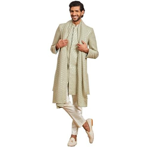 VASTRAMAY Men's Pista Green Rayon Indo Western,Pyjama And Dupatta Set - This men's embroidered Indo-Western, pant, and dupatta set is a perfect fusion of tradition and modern elegance.