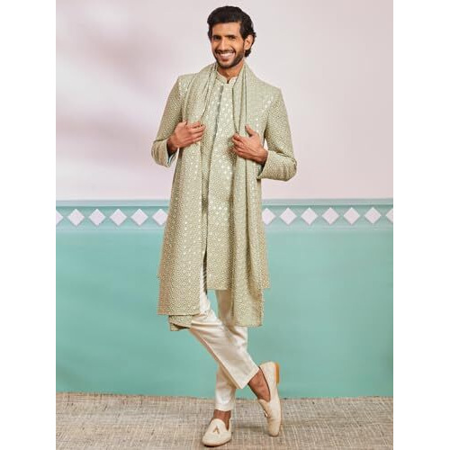 VASTRAMAY Men's Pista Green Rayon Indo Western,Pyjama And Dupatta Set - This men's embroidered Indo-Western, pant, and dupatta set is a perfect fusion of tradition and modern elegance.
