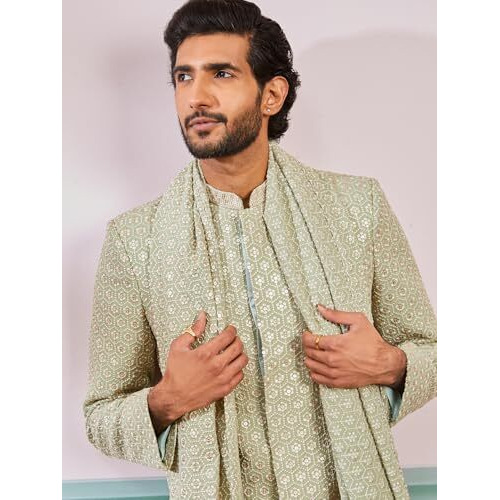 VASTRAMAY Men's Pista Green Rayon Indo Western,Pyjama And Dupatta Set - This men's embroidered Indo-Western, pant, and dupatta set is a perfect fusion of tradition and modern elegance.