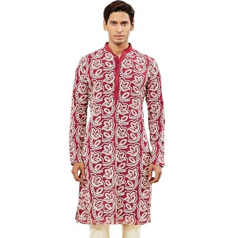 VASTRAMAY Men's Maroon Georgette Kurta, Georgette Embroidered Kurta for Men for Weddings & Festivals, Traditional Indian Wear