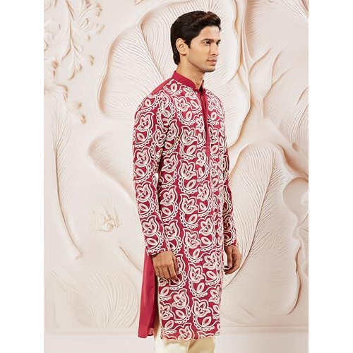 VASTRAMAY Men's Maroon Georgette Kurta, Georgette Embroidered Kurta for Men for Weddings & Festivals, Traditional Indian Wear