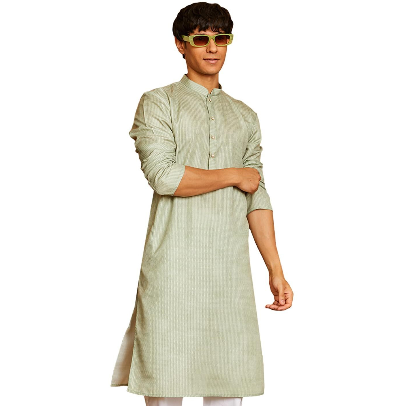 VASTRAMAY Men's Cotton Kantha Work Kurta  Elegant Embroidered Ethnic Wear for Festive & Casual Occasions Green