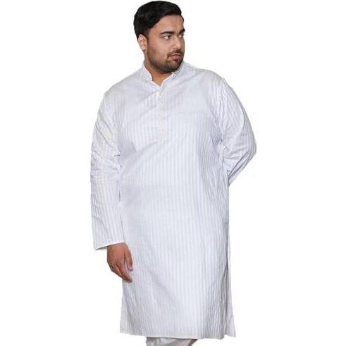 VASTRAMAY Mens Cotton Kurta  Striped Design with Embroidered Collar, Full Sleeves, Button Closure, Traditional Ethnic Wear White