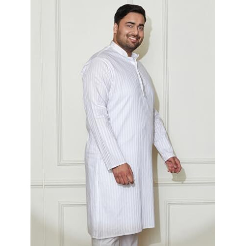 VASTRAMAY Mens Cotton Kurta  Striped Design with Embroidered Collar, Full Sleeves, Button Closure, Traditional Ethnic Wear White