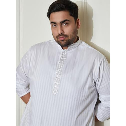 VASTRAMAY Mens Cotton Kurta  Striped Design with Embroidered Collar, Full Sleeves, Button Closure, Traditional Ethnic Wear White