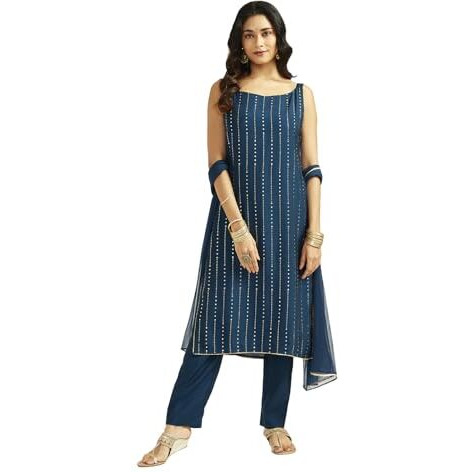VASTRAMAY Women's Turquoise Kurta Set, Silk Blend Foil Printed Kurta Pyjama And Dupatta Set For Women. Indian Suit Set for Festive Occasions, Weddings & Parties