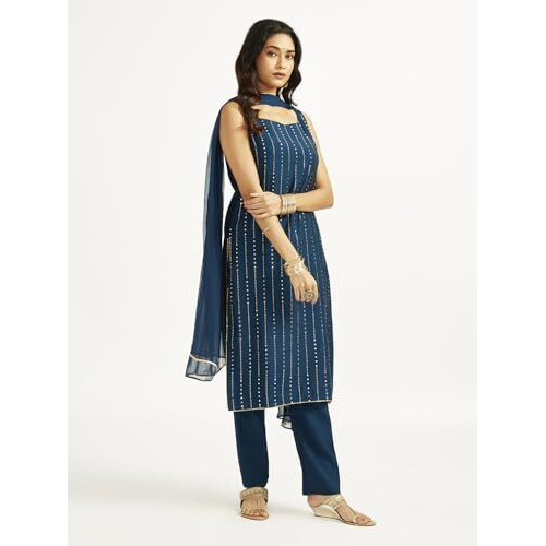 VASTRAMAY Women's Turquoise Kurta Set, Silk Blend Foil Printed Kurta Pyjama And Dupatta Set For Women. Indian Suit Set for Festive Occasions, Weddings & Parties
