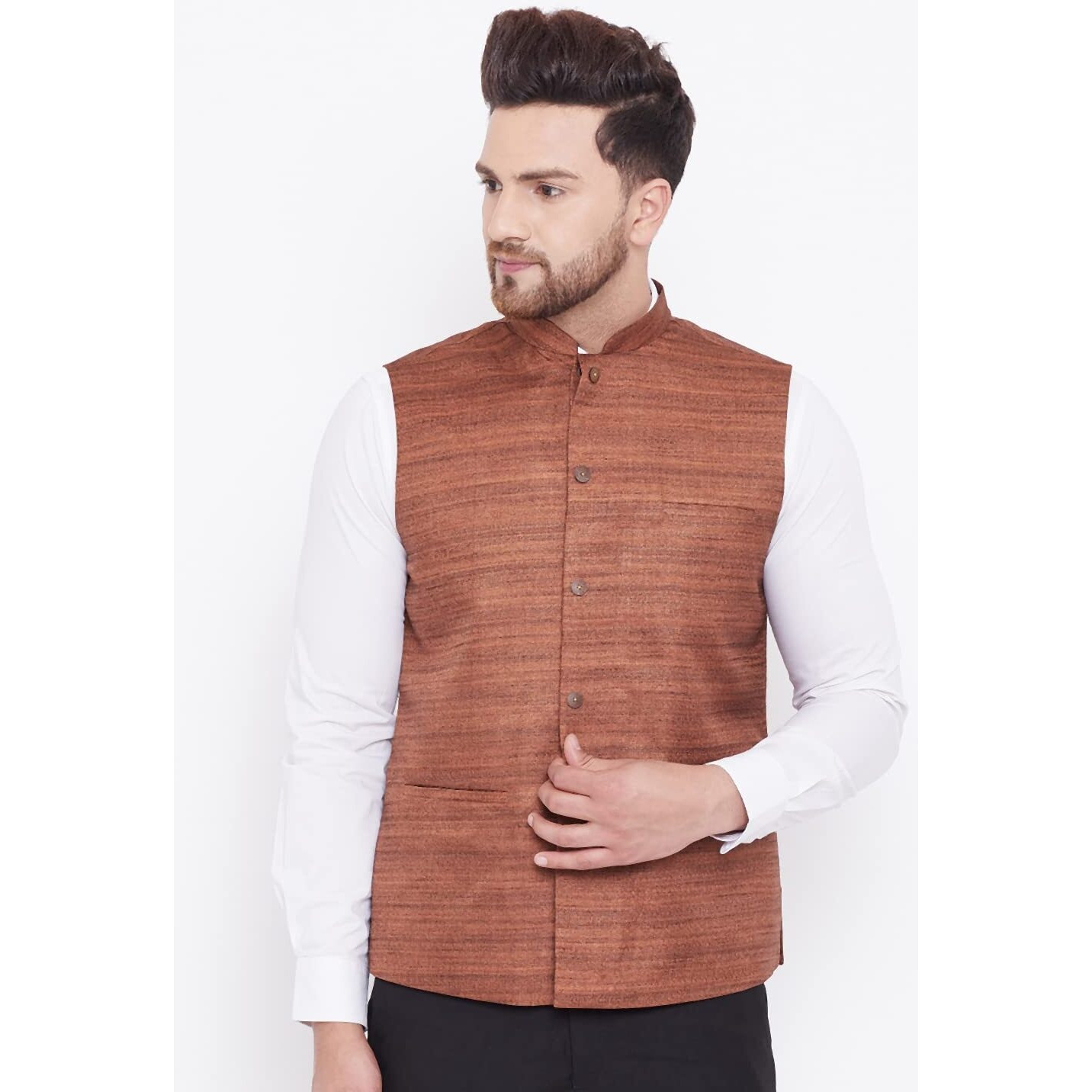 VASTRAMAY Men's Coffee Brown Silk Blend Nehru Jacket-VASMJ121CO_42