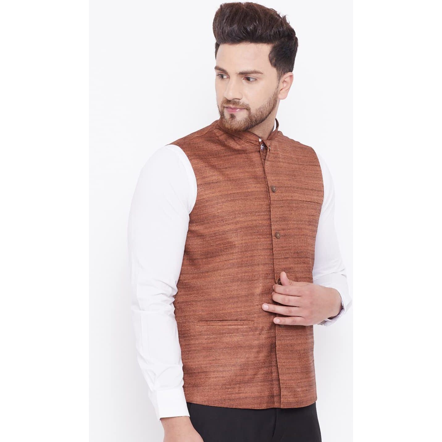 VASTRAMAY Men's Coffee Brown Silk Blend Nehru Jacket-VASMJ121CO_42
